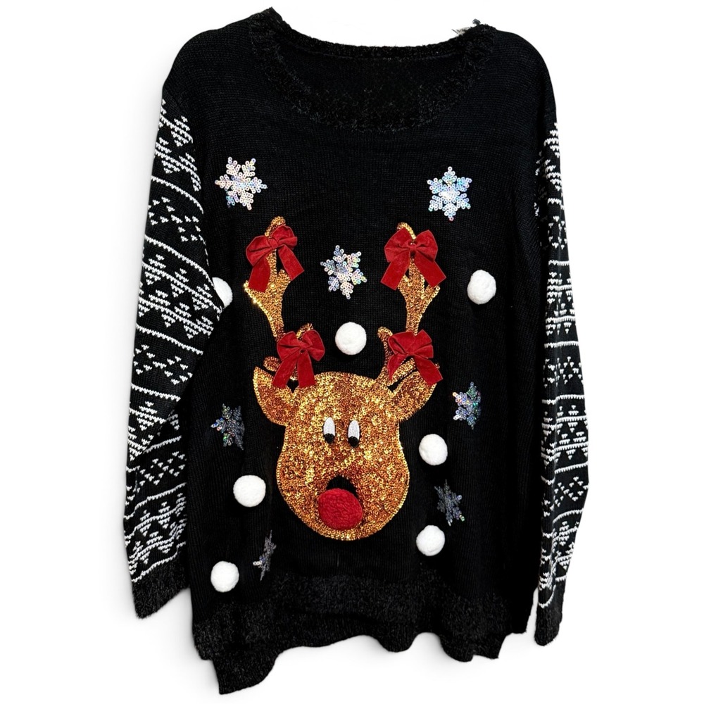 Jane Street Black Reindeer Sequin Holiday Sweater Plus 2X Velvet Bows Poms New